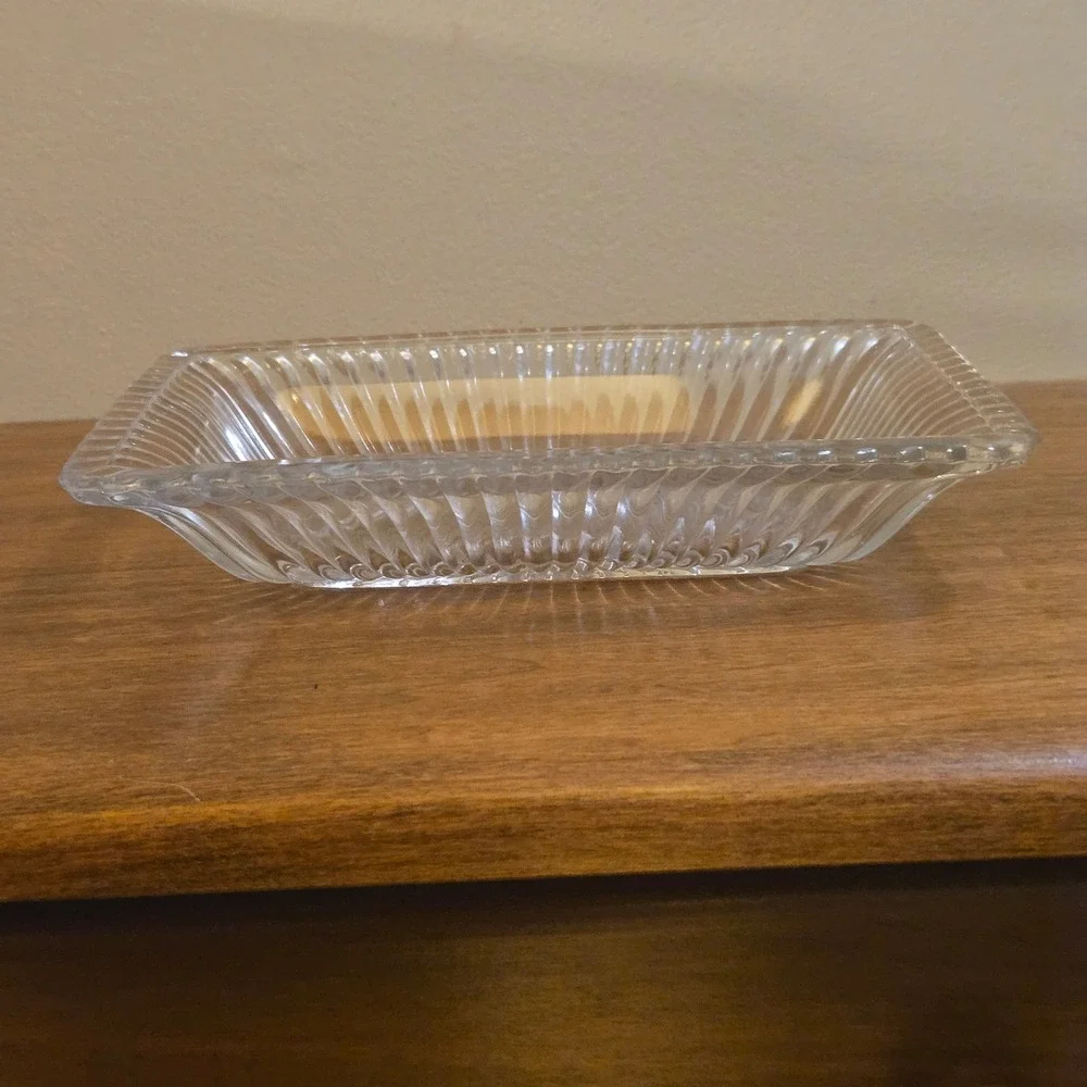 Vintage Clear Pressed Glass Ribbed Rectangular Dish Sunburst Base 8.25in